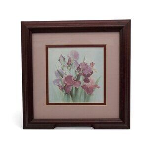 Glynda Turley 1989 Framed Iris Floral Art Print Wood Frame 80s Vintage